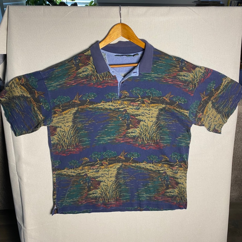 Vintage Bass Pro Shops Outdoors Fishing Duck All Over Print Polo Shirt Mens XL